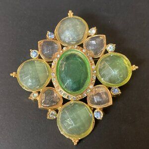 Green Yellow Pink Heart Acrylic Cabochon Bold Statement Brooch
